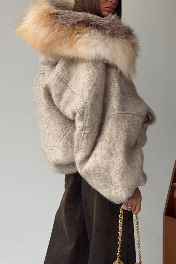 Short Hooded Wool Blend Coat With Large Fur Collar