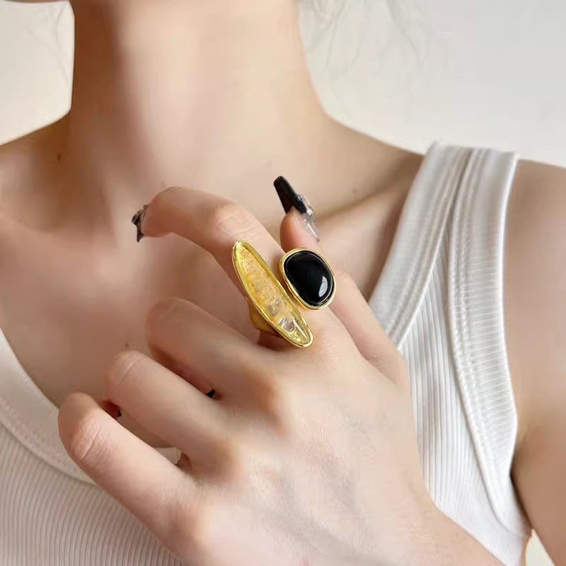 Vintage Two-Tone Natural Stone Open Ring Geometric Contrast Irregular Wide Statement Band