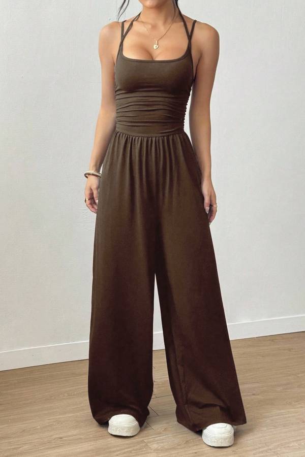 Halter Spaghetti Strap Ruched Wide Leg Jumpsuit Square Neck High Waist Casual Romper