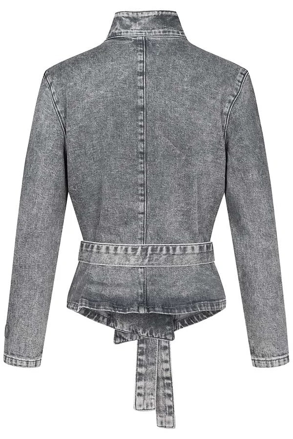 Casual Meetup Denim Stand Neck Long Sleeve Belted Loose Jacket