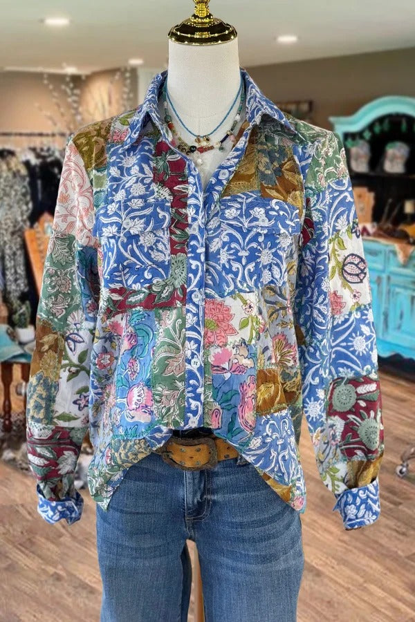 Multi Fabric Print Long Sleeve Blouse