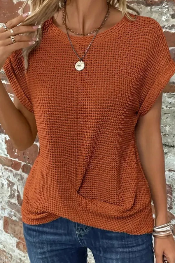 Solid Round Neck Short Sleeve Twisted Top