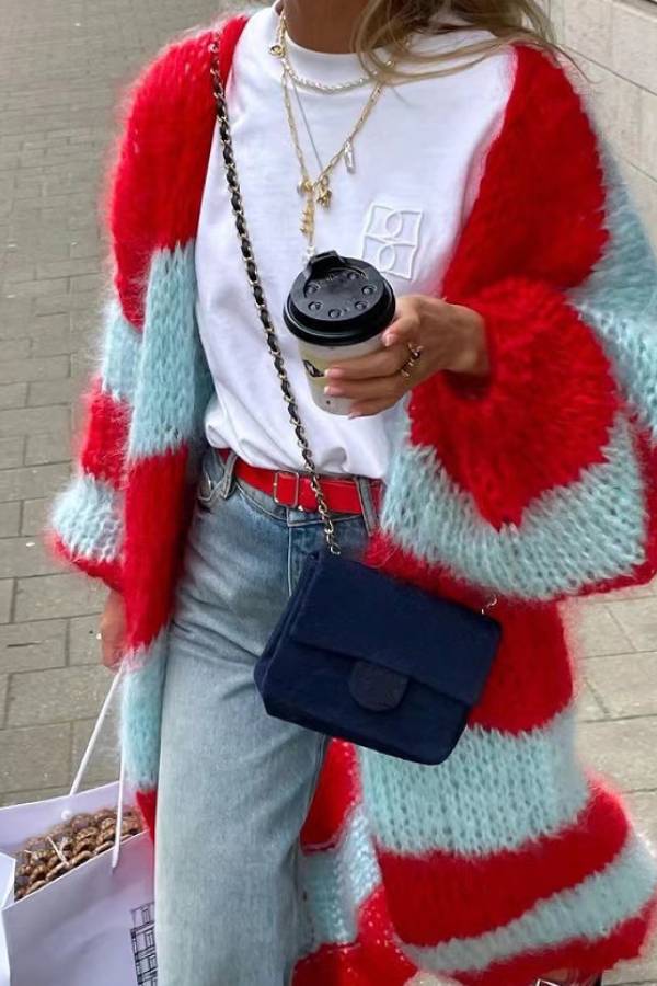 Color‑Block Stripe Mohair Long Knit Cardigan