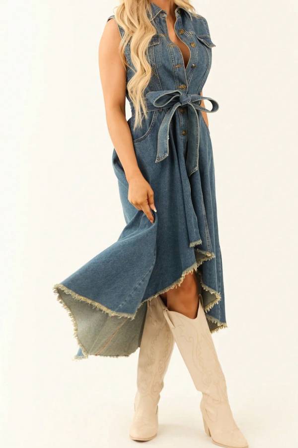 Sleeveless Collared Denim Belted Waist Irregular Raw Hem Midi Dress