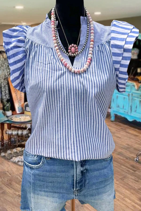 Striped V-Neck Ruffle Sleeve Top