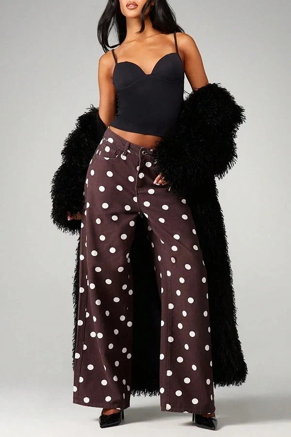Retro Style Polka Dot Print High Waist Pocketed Wide Leg High Waisted Jeans