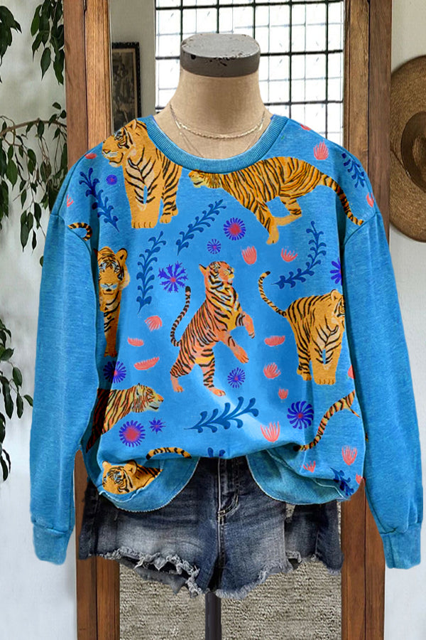 Casual Tiger Print Color Contrast Long Sleeved Sweatshirt