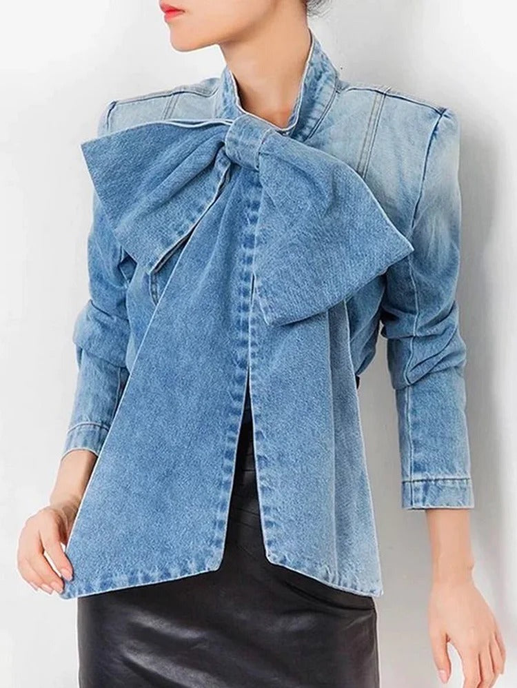 Casual Plain Denim Stand Collar Long Sleeve Bow Blouse