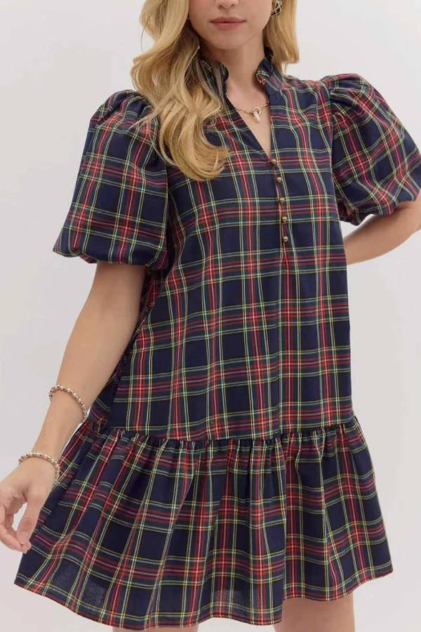 Puff Sleeve Ruffled Plaid A-Line Dress