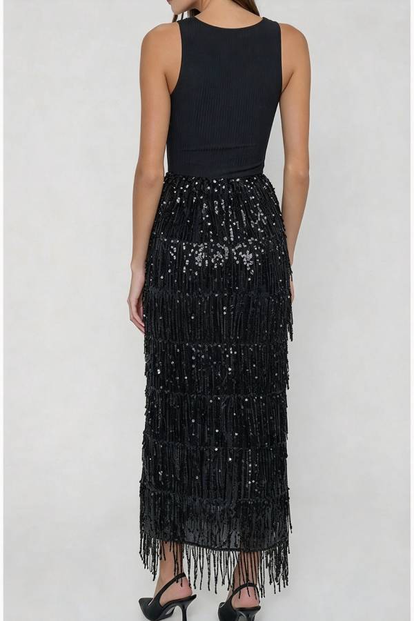 Sadie Ribbed Stretch Tank Layered Sequined Tassels Hem Maxi Dress