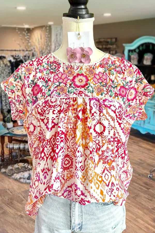 Colorful Print Floral Embroidered Top