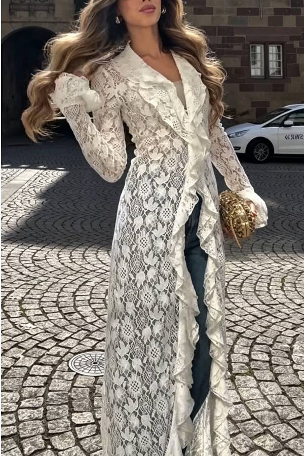 Vivianna Floral Lace Ruffles Trim Long Bell Sleeve Lapel Maxi Dress