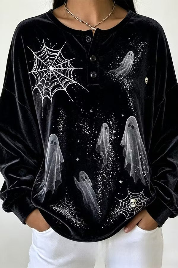 Spooky Season Velvet Long Sleeve Halloween Shirt with Buttons