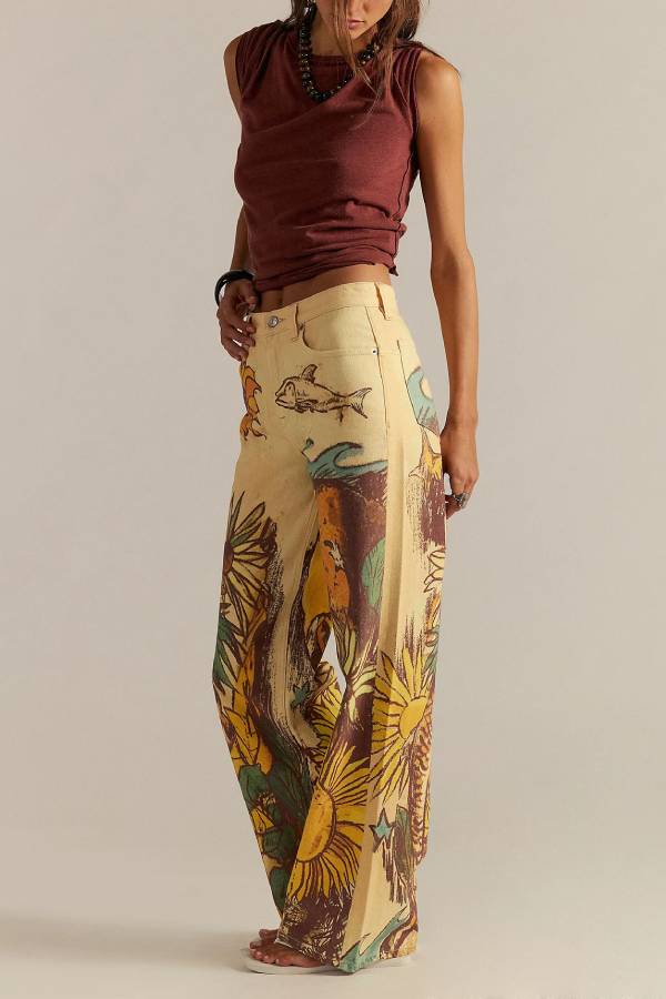 Vintage Art‑Print High‑Waist Flare Jeans