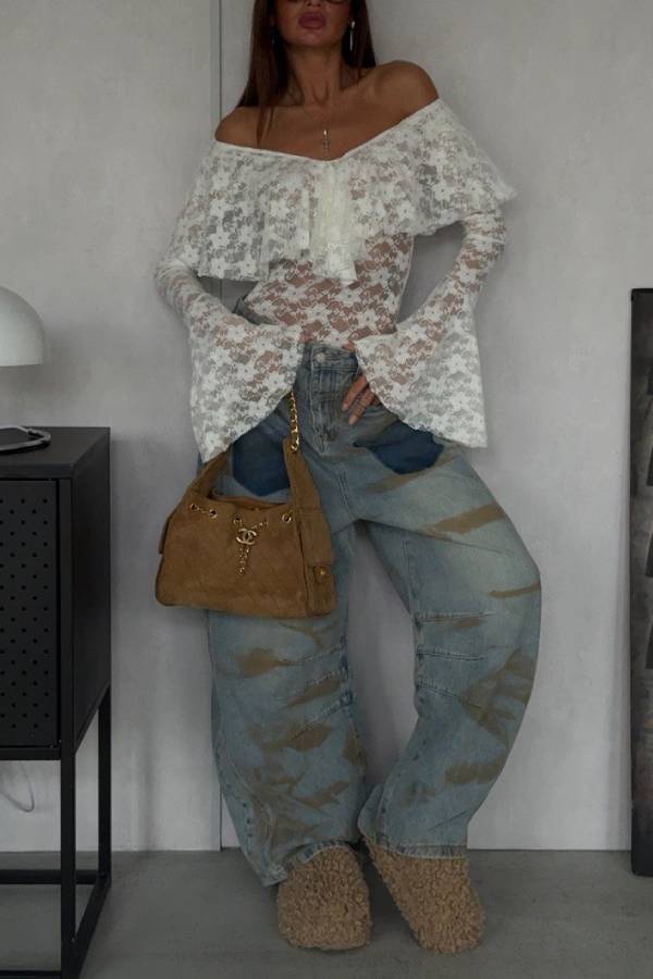 Off‑Shoulder Ruffle Lace Flare Sleeve Top