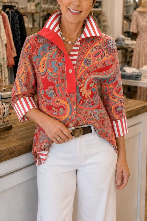 Striped Print Three-Quarter Sleeve Shirt