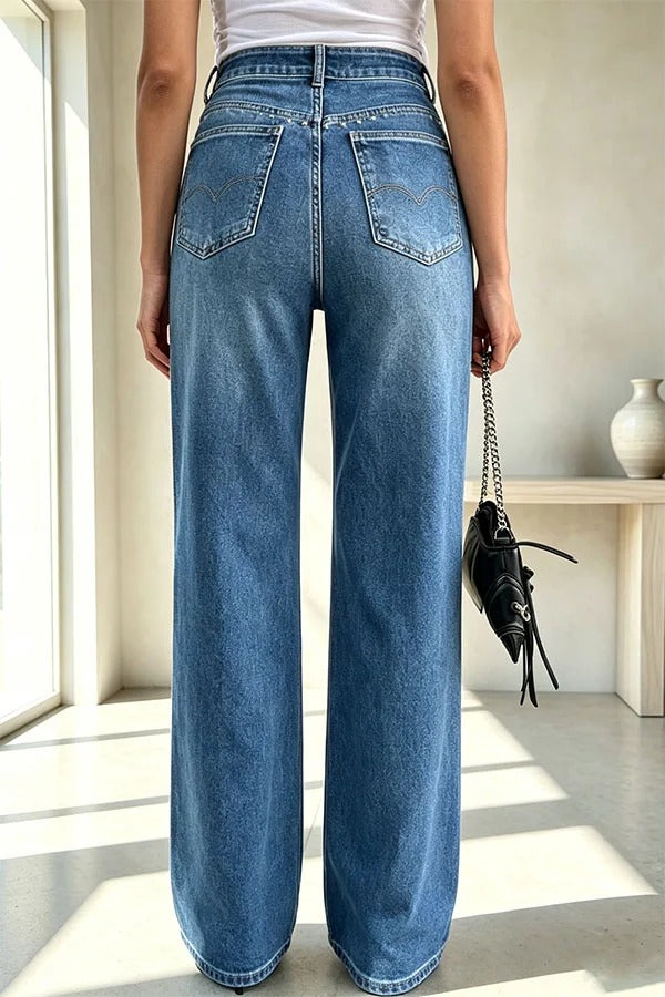 Trendy and Unique Denim Beaded High Rise Pocket Straight Leg Jeans