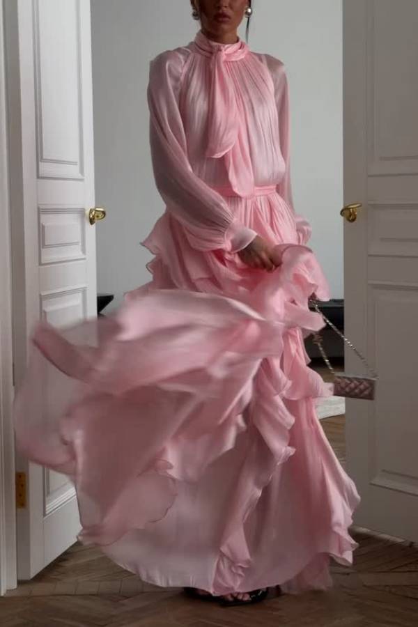 Pink Stand Collar Tie Ruffled Chiffon Long Evening Dress