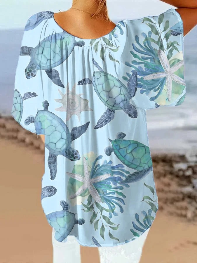 Women's Hawaiian Turtle Print Resort Casual Shirt