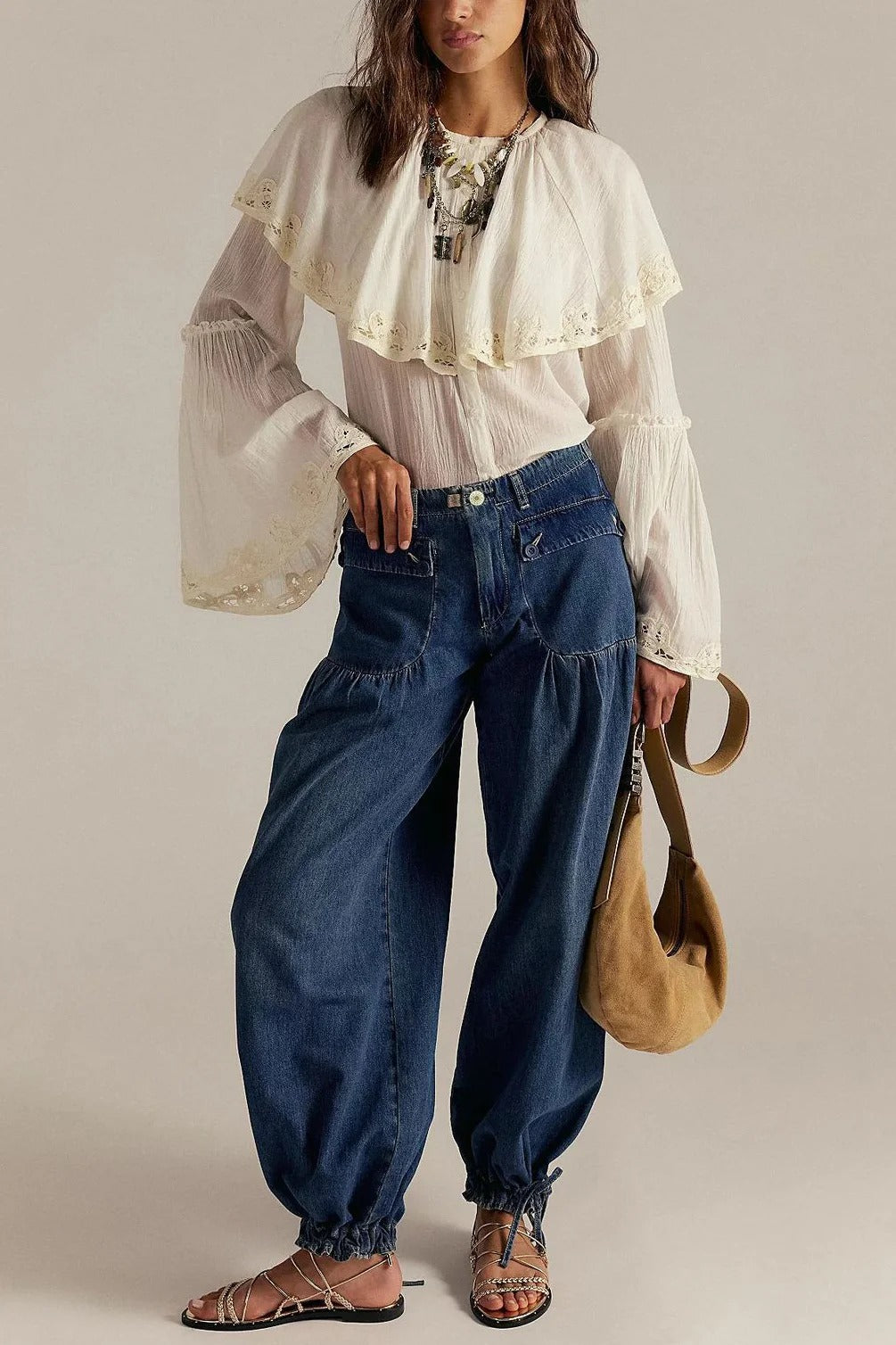 We The Free Denim Mid Rise Pocket Knotted Ankle Hem Lotus Balloon Jeans