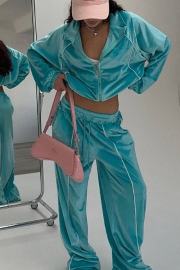 Contrast Piping Velvet Tracksuit 2 Piece Outfit