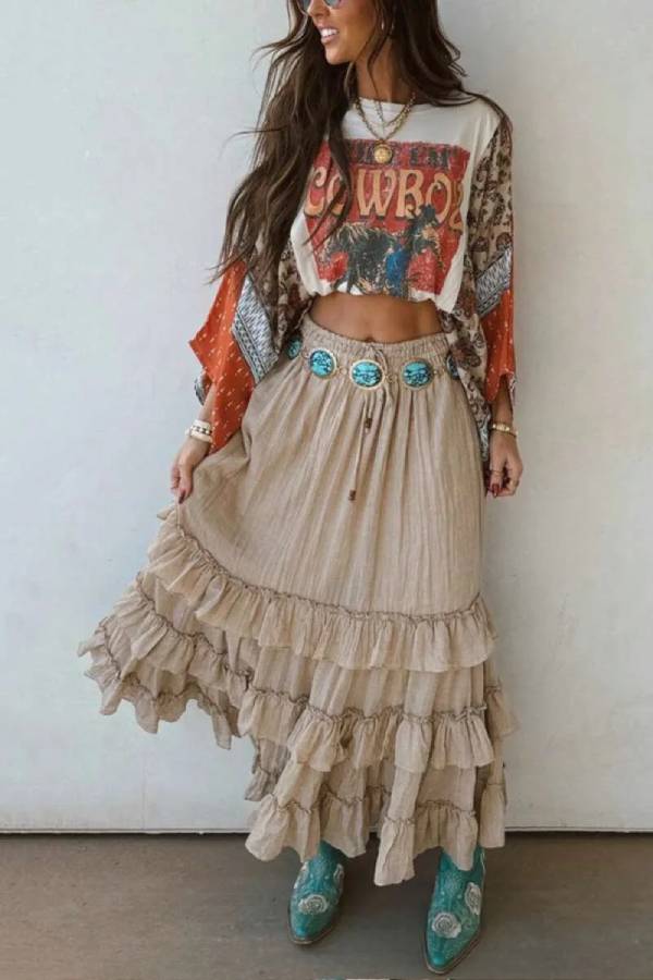 Western Cowboy Print Color‑Block Batwing Sleeve Crop Top