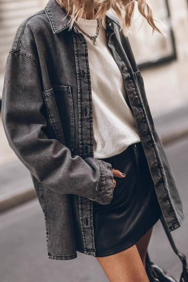 Women Oversize Washed Denim Shirt Vintage Loose Mid Length Casual Jacket