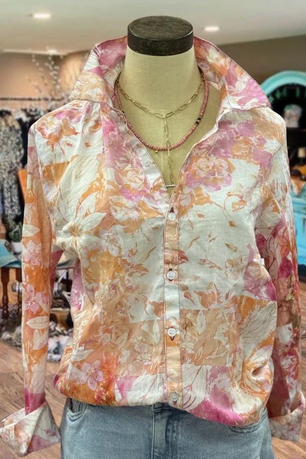 Floral Print Button Front Long Sleeve Blouse