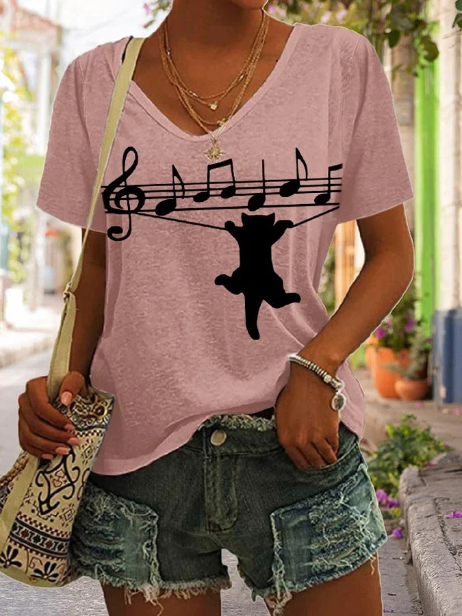 Women's Cat on Piano Casual Print V-Neck T-Shirt