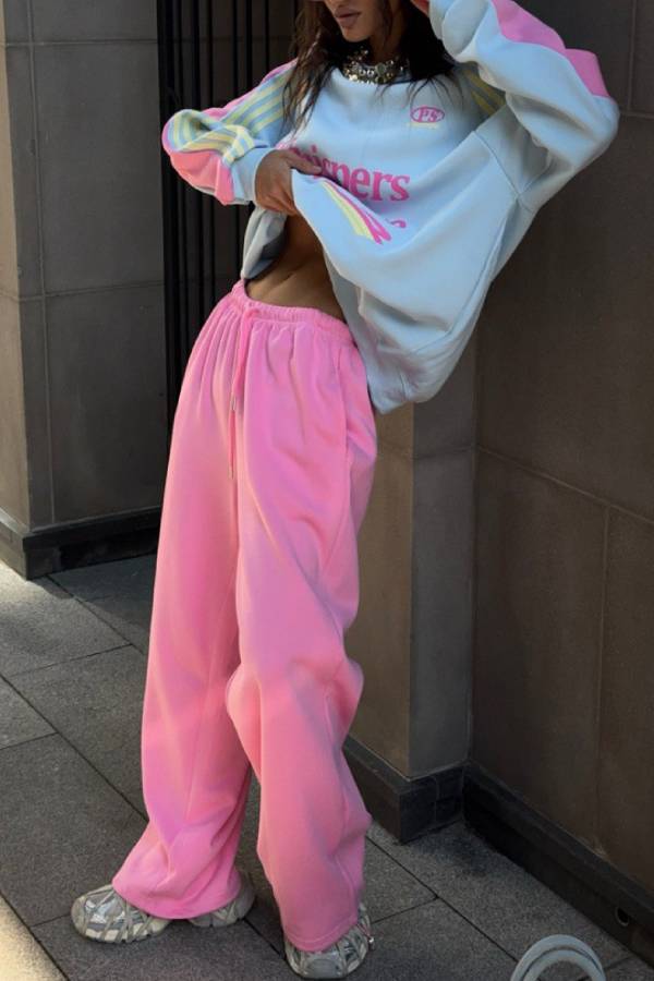 Color Block Letter Print Oversized Sweatshirt & Wide Leg Pants 2 Piece Set