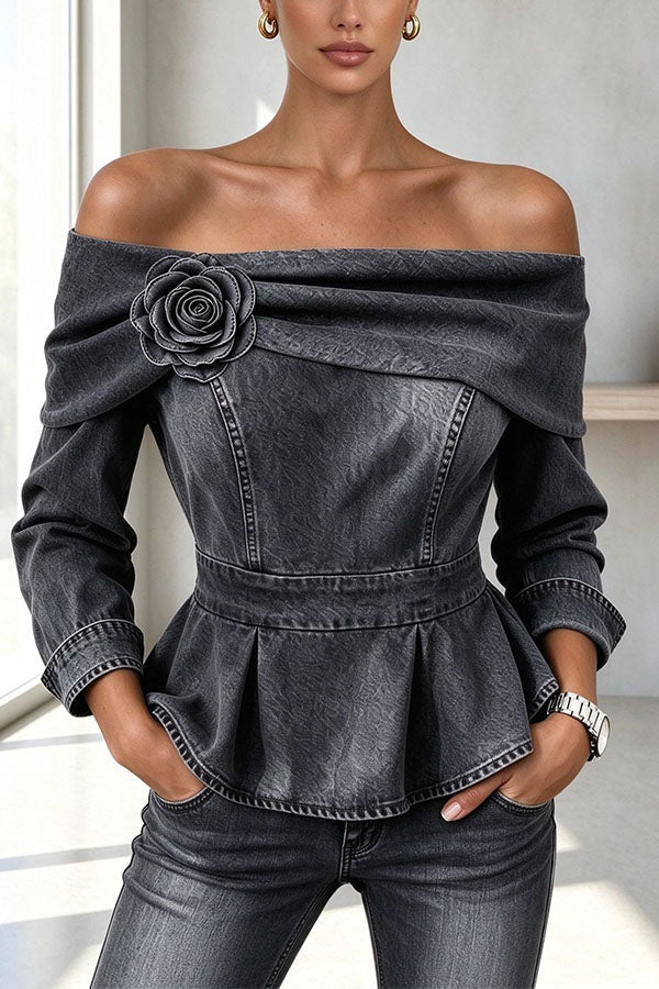 Off-Shoulder Denim Peplum Top with Rose Applique