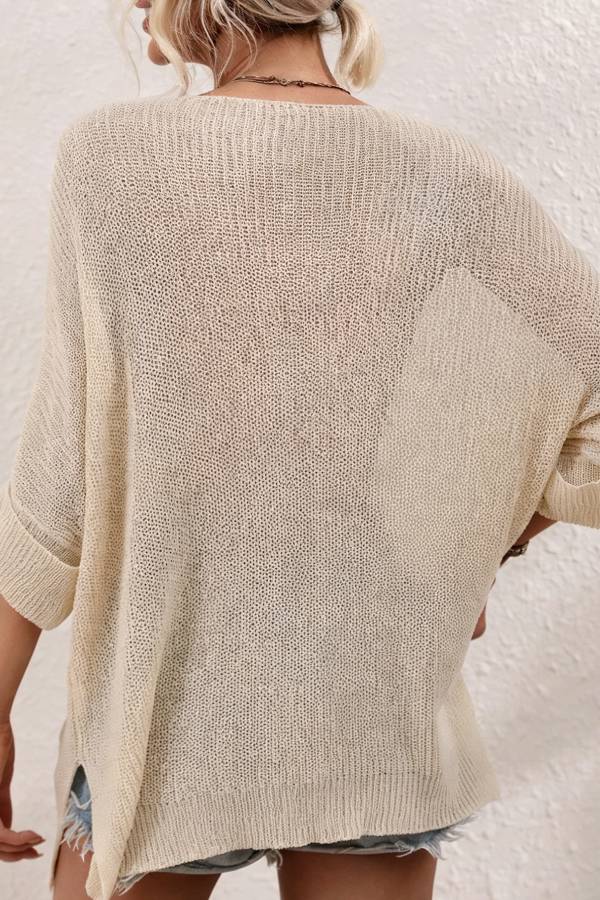 Loose Open Knit Top Crew Neck Pocket 3/4 Roll Sleeve Split Hem Sheer Cover Up