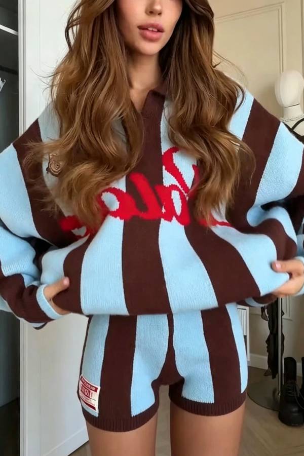 Stripe Letter Embroidered Knit Two‑Piece Set