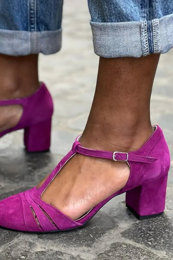 Color-blocked Faux Suede Chunky Heel Sandals