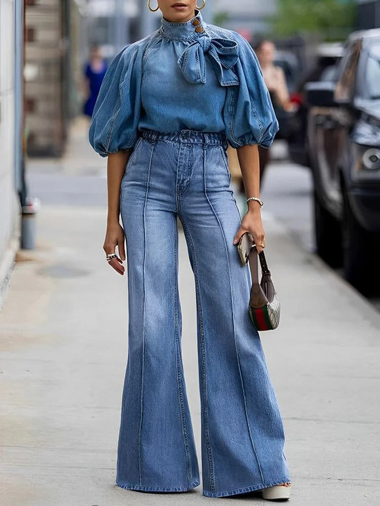 Casual Plain Denim High Waist Wide Leg Long Pants