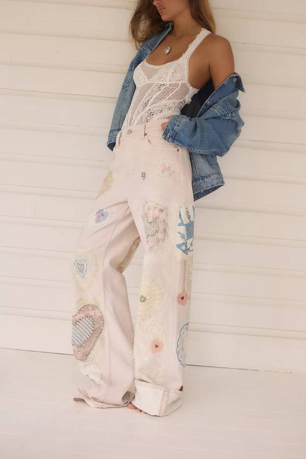 Vintage Art‑Print High‑Waist Flare Jeans