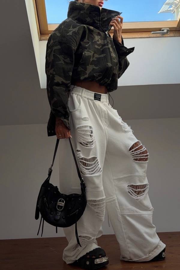 Streetwear Multi-Ripped Wide Leg Sweatpants