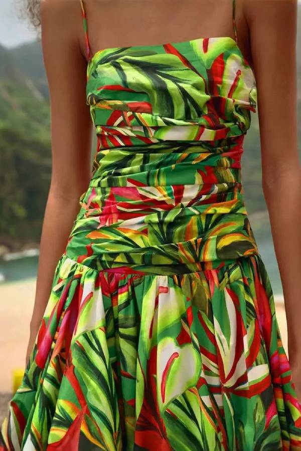 Tropical Leaf Print Cami Slit Flowy Vacation Maxi Dress