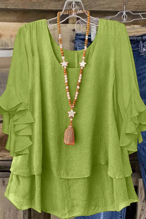 U-Neck Multi Ruffle Loose Cotton Linen Casual Top
