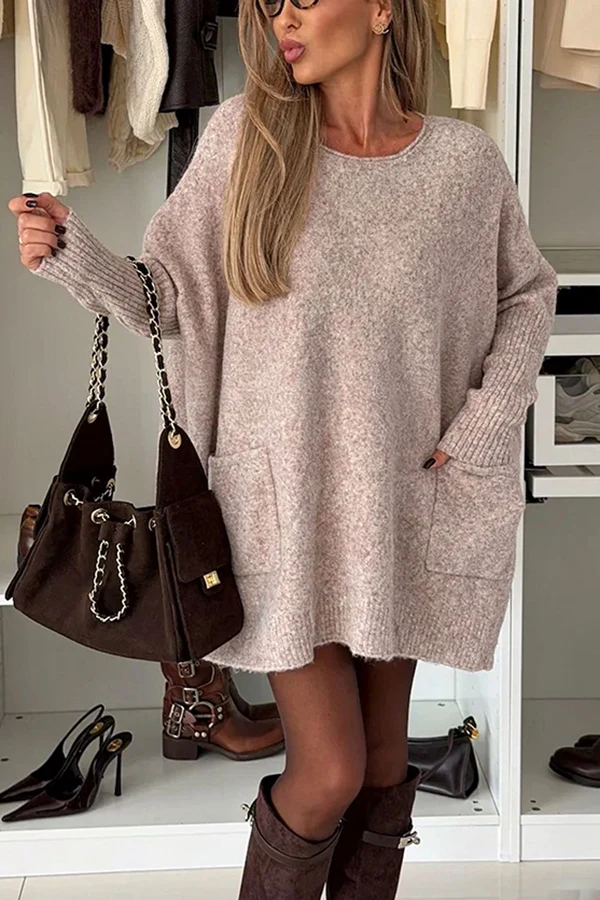 Warm Touch Knit Long Batwing Sleeve Pocket Oversized Sweater Mini Dress