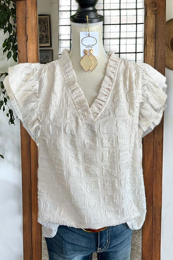 Textured V-neck Ruffle Top