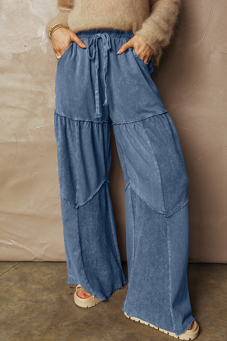 Washed Patchwork Drawstring Wide-Leg Pants