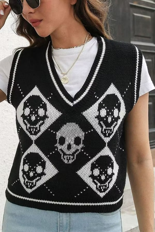 Halloween Skull Argyle Knit Sweater Vest