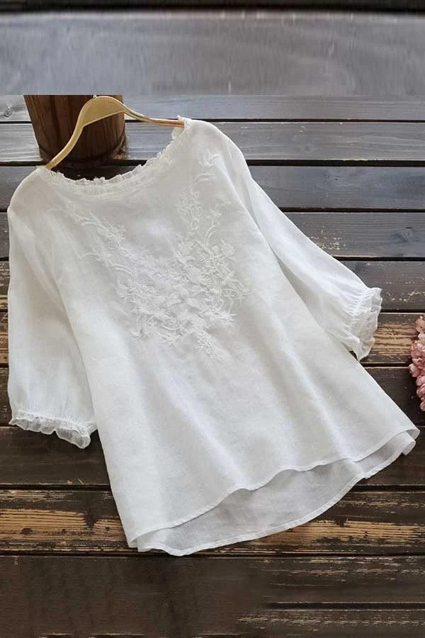 Floral Embroidered Ruffle Detailed Puff Sleeve Top