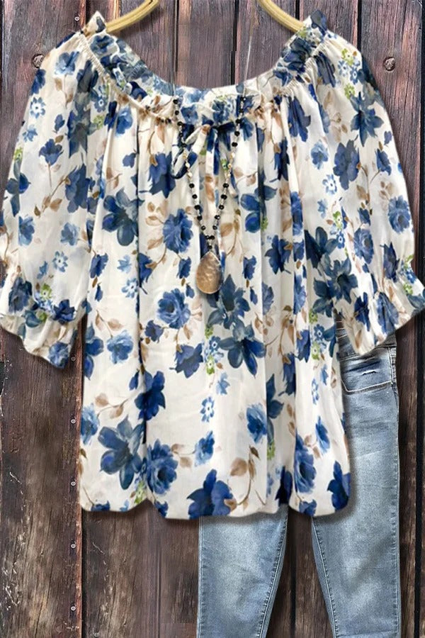 Floral Print Off Shoulder Cuff Sleeve Top