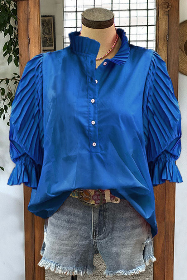 Cotton Pleated Sleeves Paneled Casual Blouse