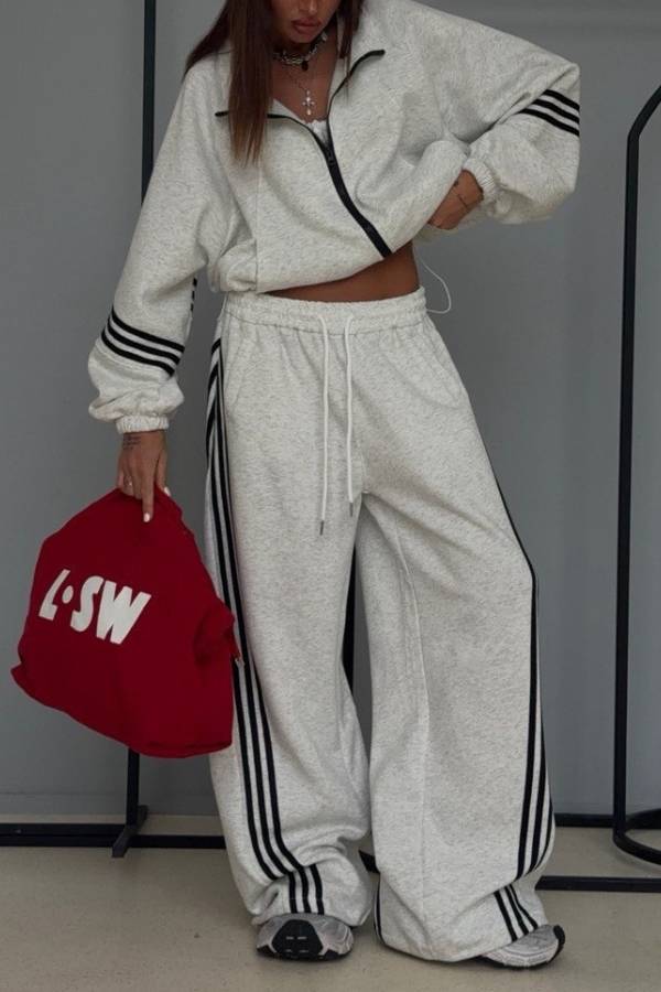 Side Stripe Cropped Zip Sweatshirt Wide Leg Pants Two Piece Set