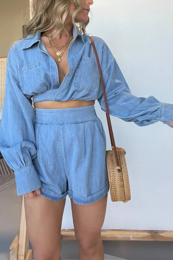 Long Sleeves Crop Shirt and Shorts Denim Set