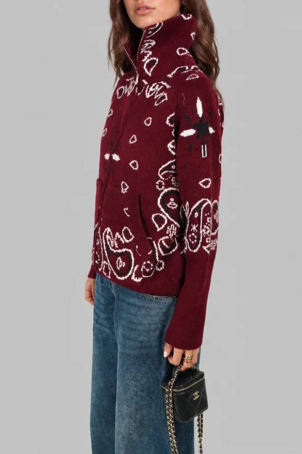 Paisley Bandana Print High Collar Zip Up Knit Cardigan