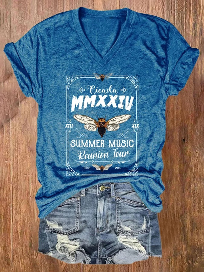 Women's The Cicadas Summer Music Print V Neck T-shirt